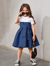 Girls Chiffon Shirt Collar Short Sleeve Patchwork A-Line Waist Slim Formal Dress With Belt, Summer Korean Style